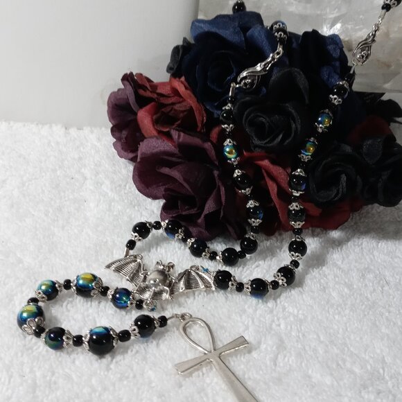 Gothic Ankh Necklace with Bat Charm Accents - Picture 7 of 9